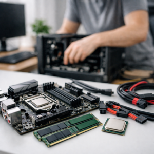 Computer hardware components including motherboard, RAM and CPU for CompTIA A+ learning