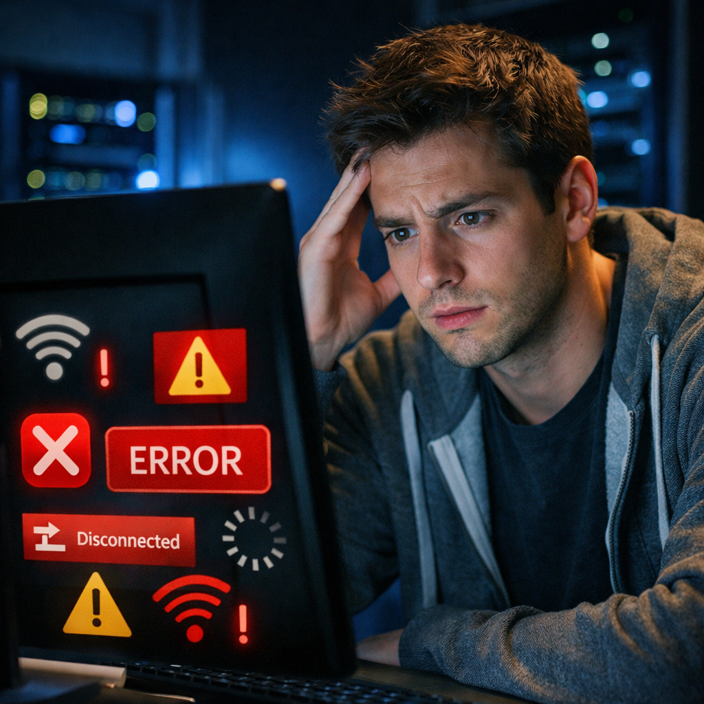 Confused IT beginner troubleshooting computer and network issues on screen