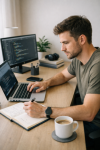 Person studying IT certifications step by step using laptop and notes