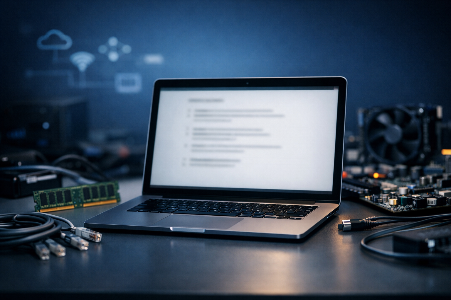 CompTIA A+ Core 1 220-1201 practice questions on laptop in modern IT study workspace with networking hardware