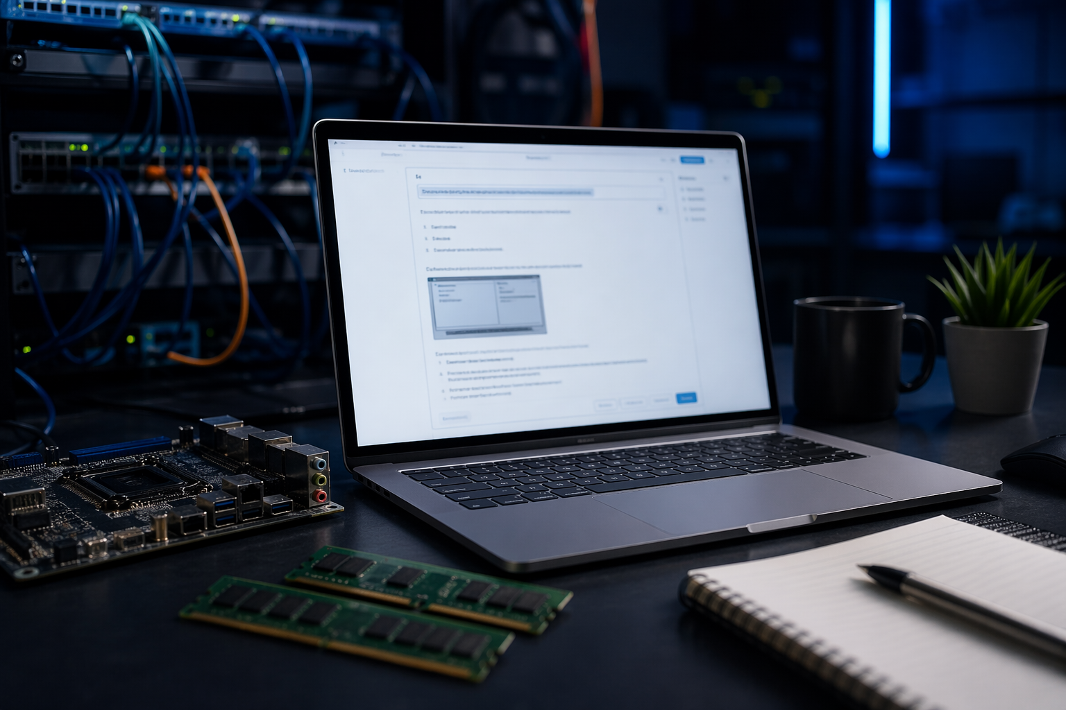CompTIA A+ Core 1 220-1201 practice questions on laptop in modern IT workspace